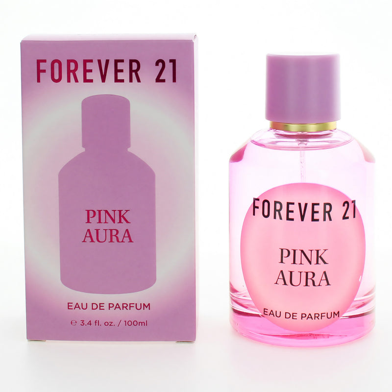 Forever 21 Pink Aura 3.4 oz women's EDP spray bottle with pink and purple floral design, showcasing the perfume packaging.