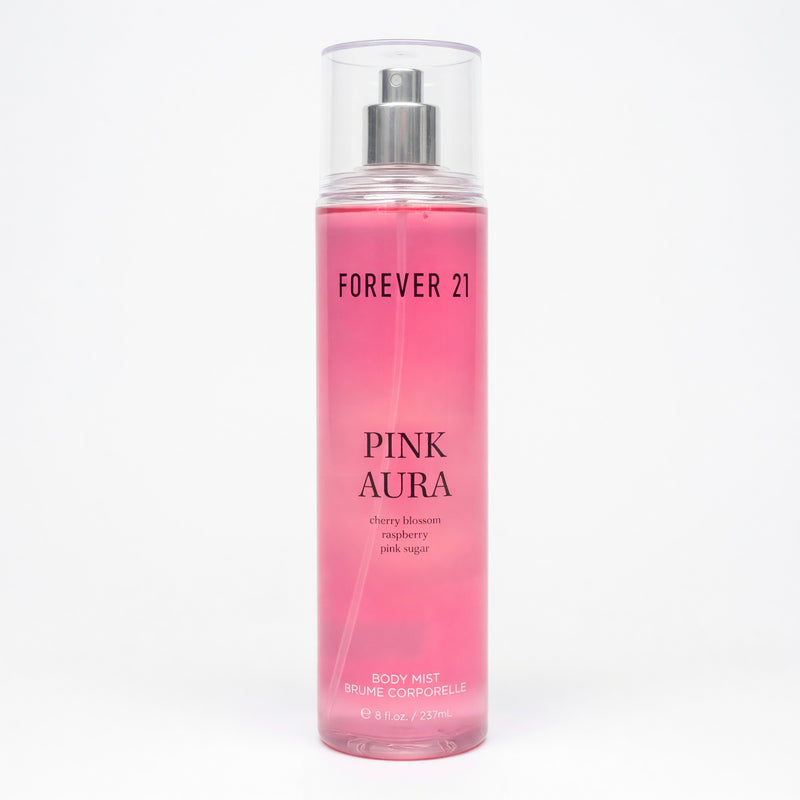 Forever 21 Pink Aura body mist for women, 8 oz bottle with pink and purple packaging, showcasing the fragrance spray.