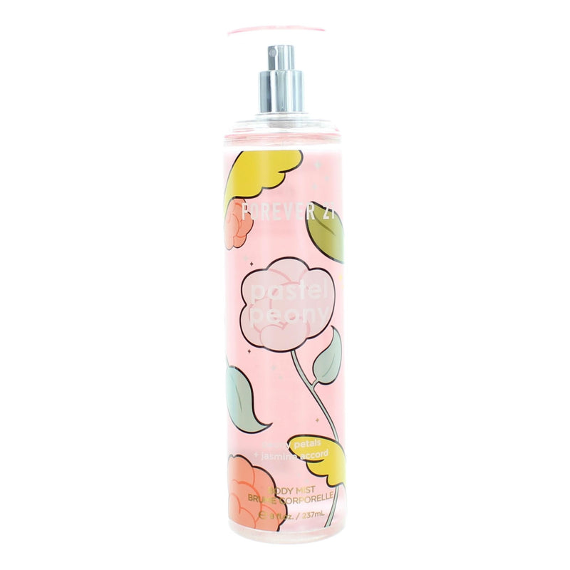 Forever 21 Pastel Peony 8 oz body mist for women, featuring a pastel pink liquid in a clear spray bottle with floral design.