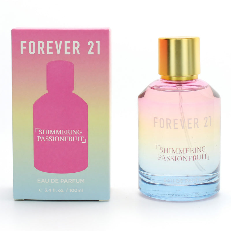 Forever 21 Shimmering Passionfruit 3.4oz EDP spray for women, featuring a shimmering passionfruit fragrance bottle.