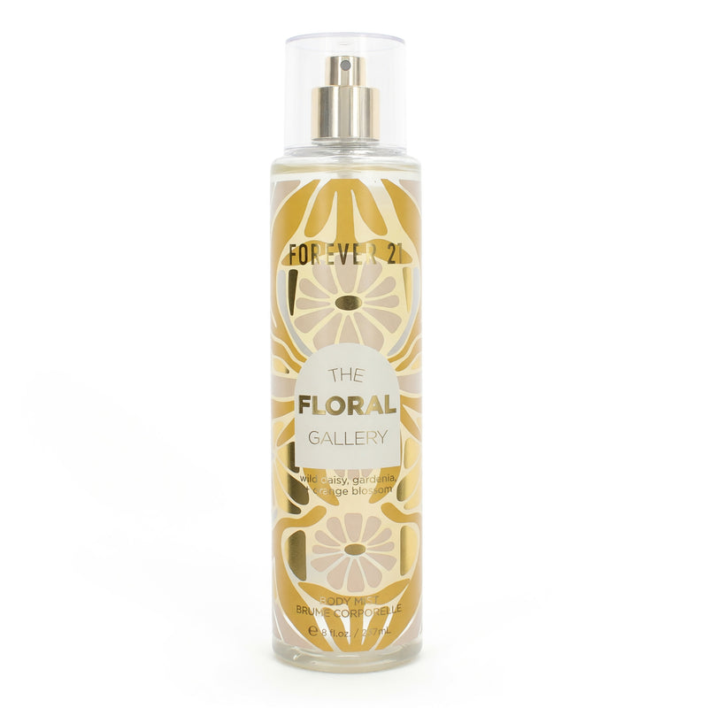 Forever 21 Floral Gallery 8 oz body mist for women, featuring a floral-scented spray in a clear bottle with a black cap.