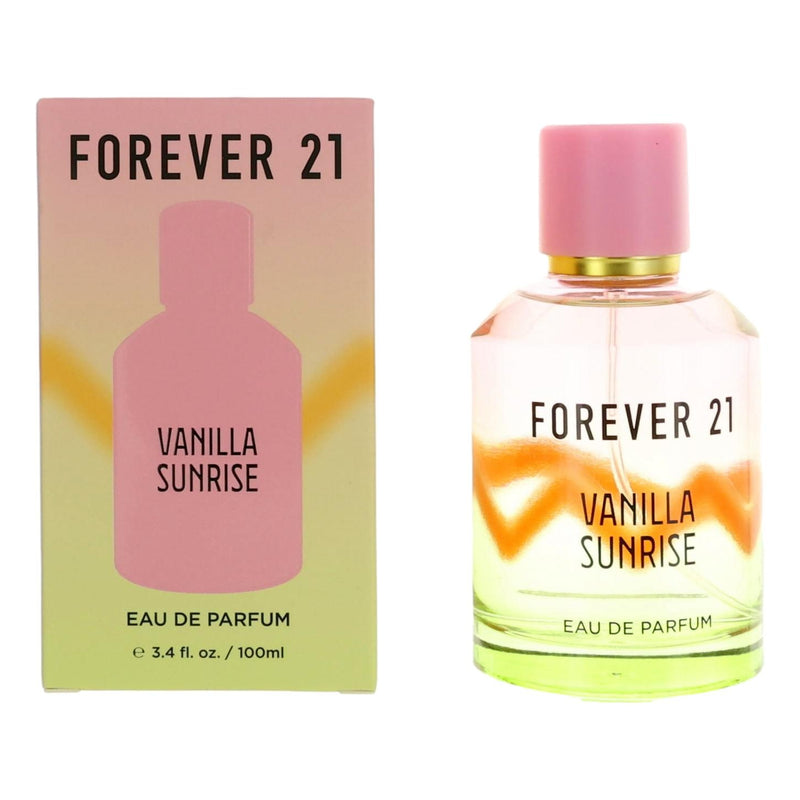 Forever 21 Vanilla Sunrise 3.4 oz women’s EDP spray bottle with a sleek, elegant design and floral accents.
