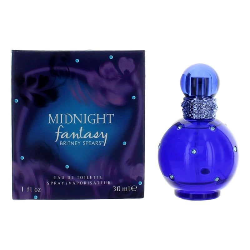 Britney Spears Fantasy Midnight 1 oz EDT spray for women, featuring a sleek bottle design and dark purple fragrance accents.