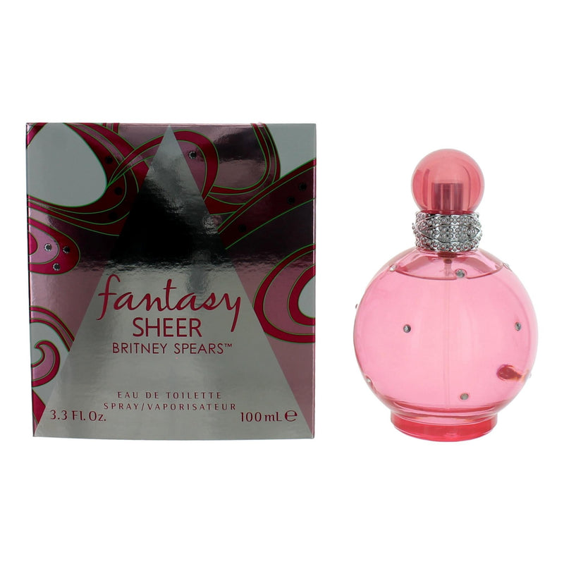 Britney Spears Fantasy Sheer 3.3 oz women's EDT spray bottle with floral and fruity design, elegant packaging, and brand logo.