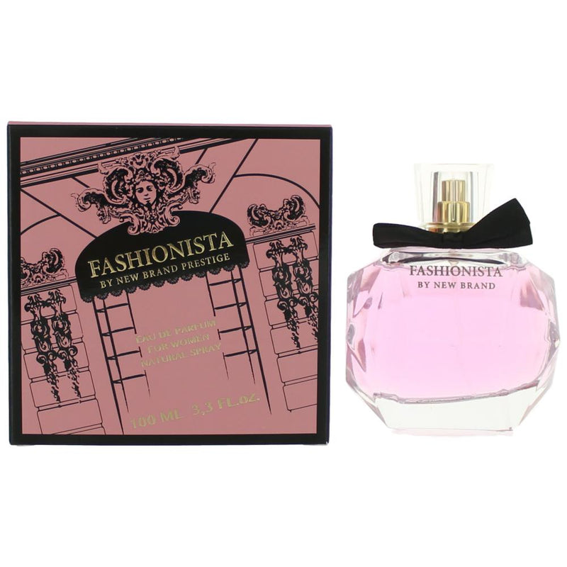Fashionista by New Brand 3.3 oz women’s EDP spray, elegant perfume bottle with floral design and sleek packaging.
