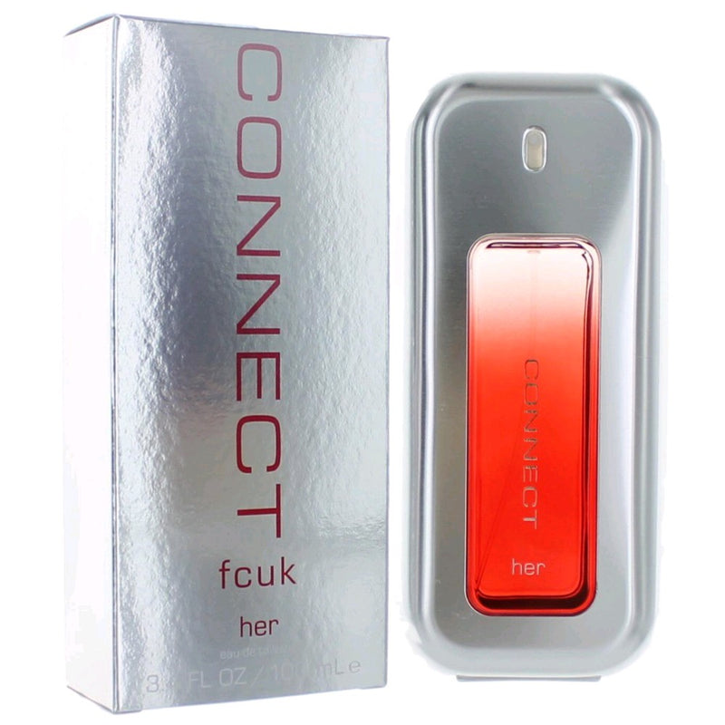 French Connection FCUK Connect 3.4 oz women's EDT spray bottle with sleek packaging and floral accents.