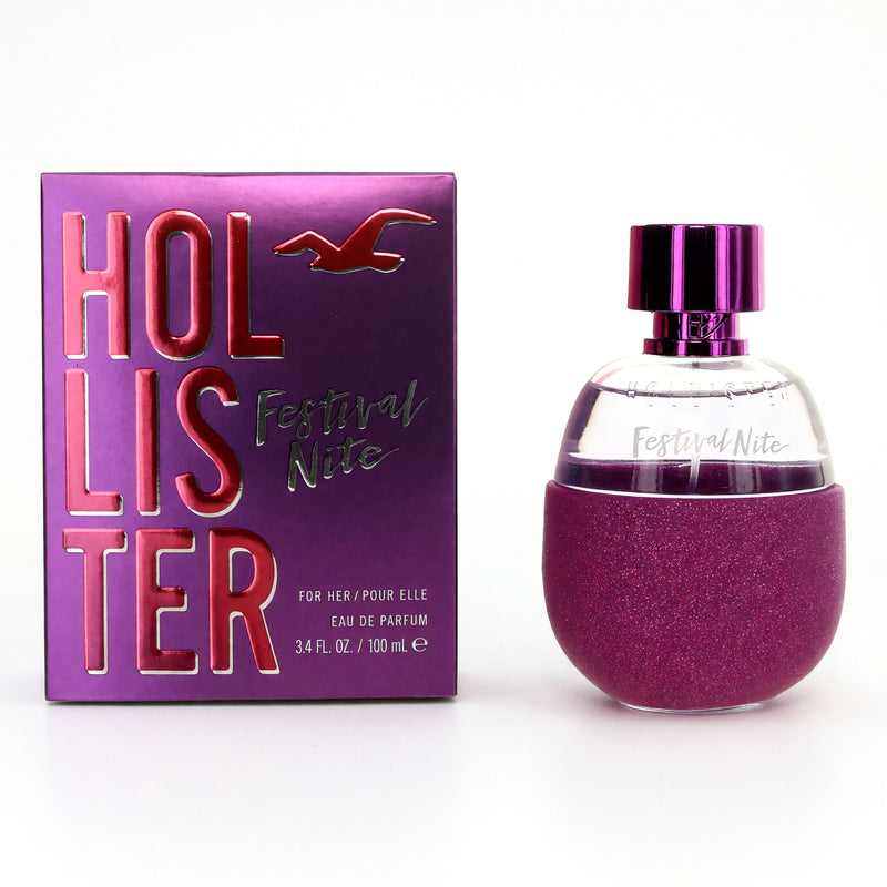 Hollister Festival Nite women’s 3.4 oz EDP spray bottle, featuring floral and fruity fragrance packaging.