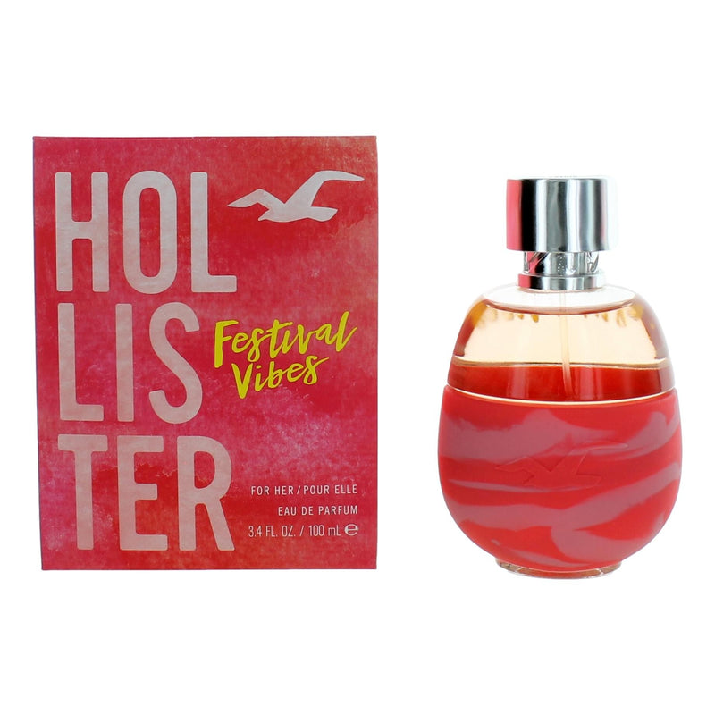Hollister Festival Vibes 3.4 oz women's EDP spray bottle with floral and fruity fragrance design.