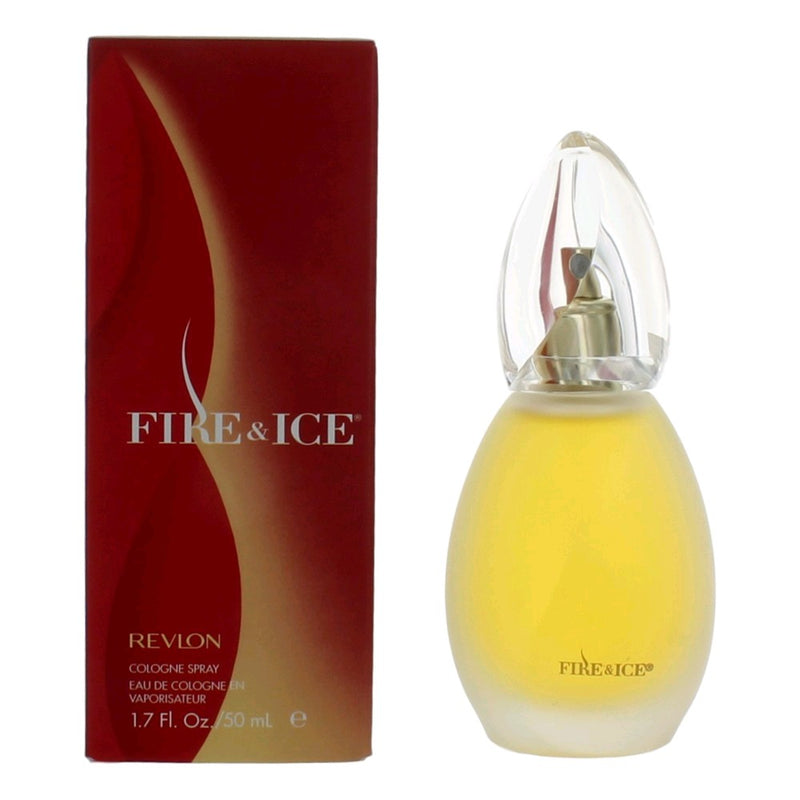 Revlon Fire & Ice women’s cologne spray bottle, 1.7 oz, with a sleek design and vibrant label showing fiery and icy imagery.