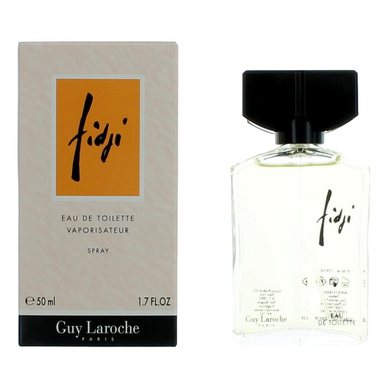 Fidji by Guy Laroche 1.7 oz women's EDT spray bottle with elegant packaging and floral design.