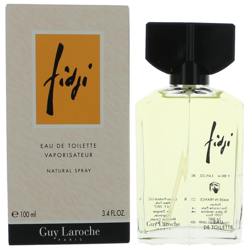 Fidji by Guy Laroche 3.4 oz women's EDT spray bottle with floral and oriental fragrance design visible.