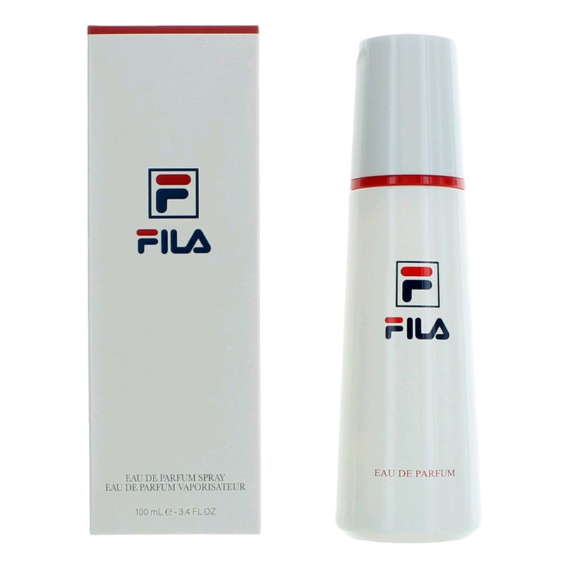 Fila by Fila 3.4 oz women's EDP spray bottle with sleek design and floral accents, showcasing the fragrance packaging.