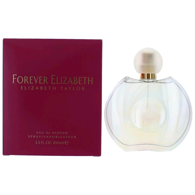 Forever Elizabeth by Elizabeth Taylor 3.3 oz EDP spray for women, elegant glass bottle with a floral cap.
