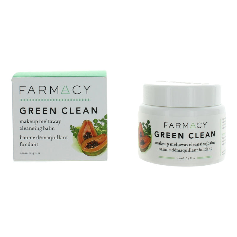 Farmacy Green Clean makeup meltaway cleansing balm in a 3.4oz jar, showing the smooth balm texture and eco-friendly packaging.