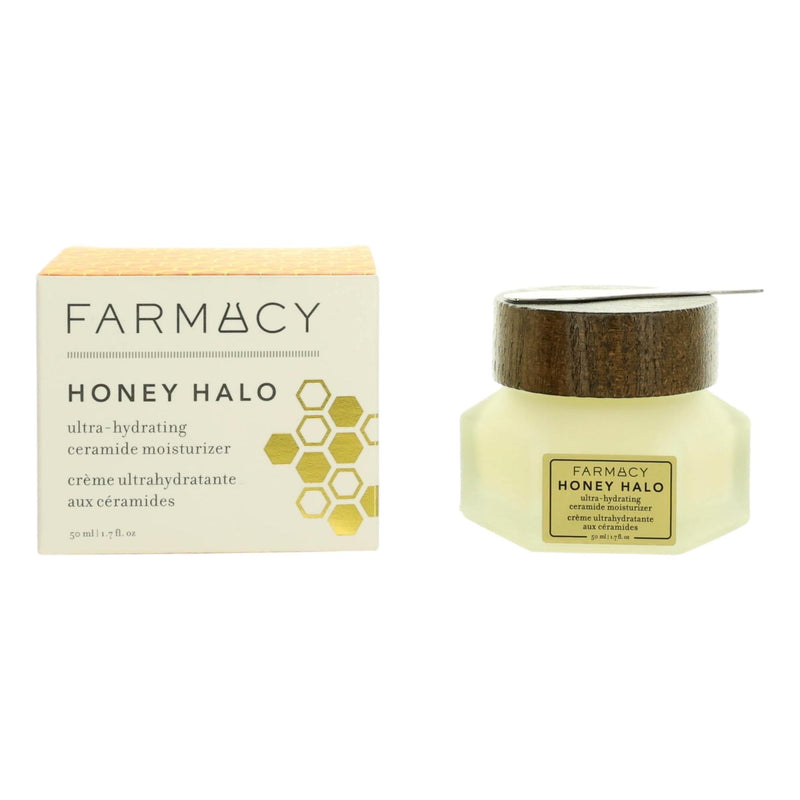 Farmacy Honey Halo ultra hydrating ceramide moisturizer in 1.7oz jar, featuring a smooth, creamy texture for nourishing skin