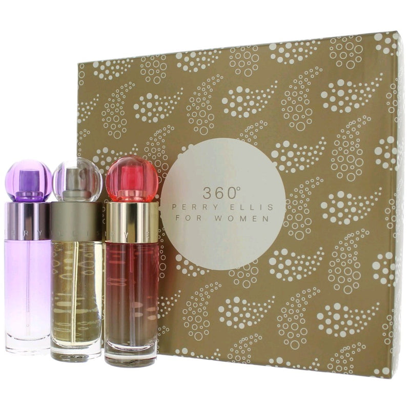 Perry Ellis 360 women’s 3-piece fragrance set with bottles of different sizes and designs, featuring elegant packaging.