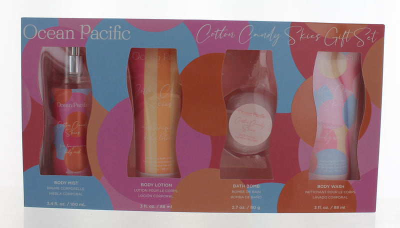 Ocean Pacific Cotton Candy Skies 4-piece gift set for women, featuring soft pastel-colored accessories and packaging.