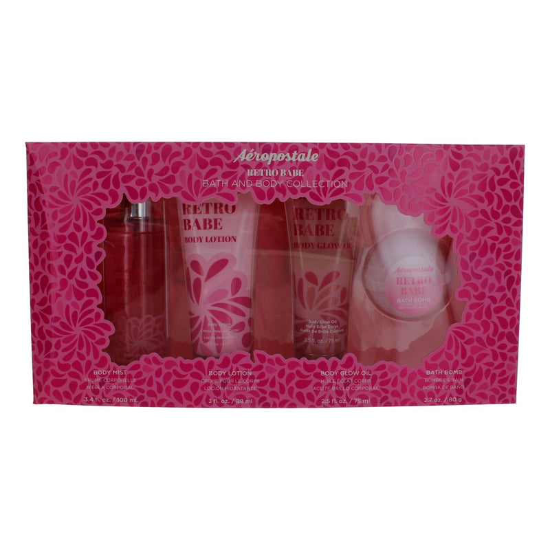 Aeropostale Retro Babe 4-piece bath and body collection with lotions, body wash, and scent spray in colorful packaging.