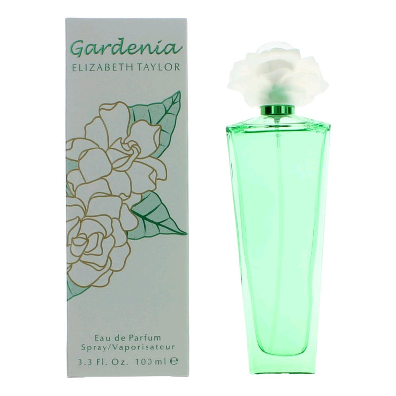 Elizabeth Taylor Gardenia 3.3 oz women’s EDP spray bottle with floral gardenia design and elegant packaging.