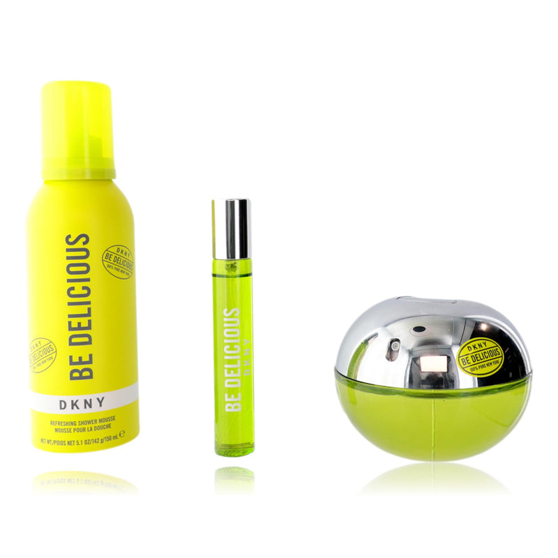 Donna Karan Be Delicious DKNY 3-piece gift set for women featuring perfume bottles and packaging.