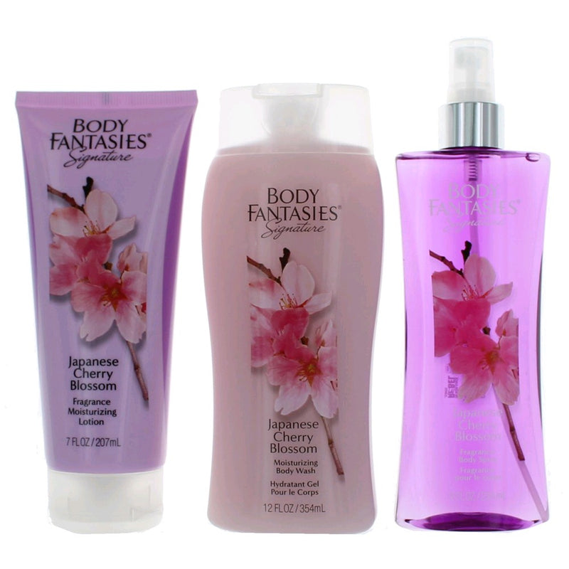 Japanese Cherry Blossom 3-piece set for women by Parfums De Coeur, includes perfume bottles and body lotion with cherry blossom design