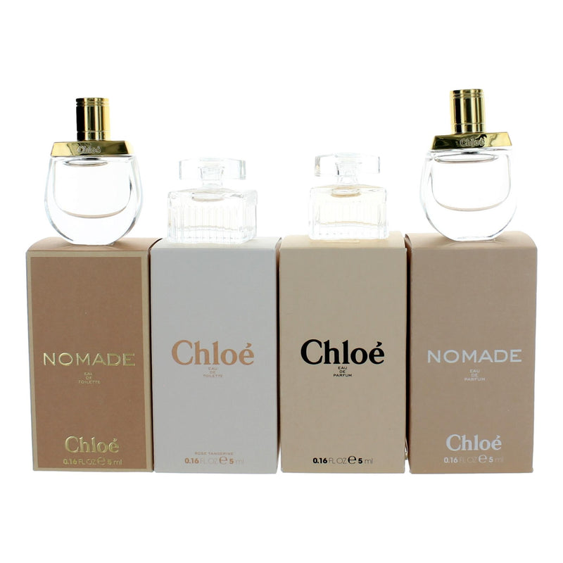 Chloe by Chloe 4-piece mini perfume set for women, featuring small bottles of floral and fresh scents on a white background.