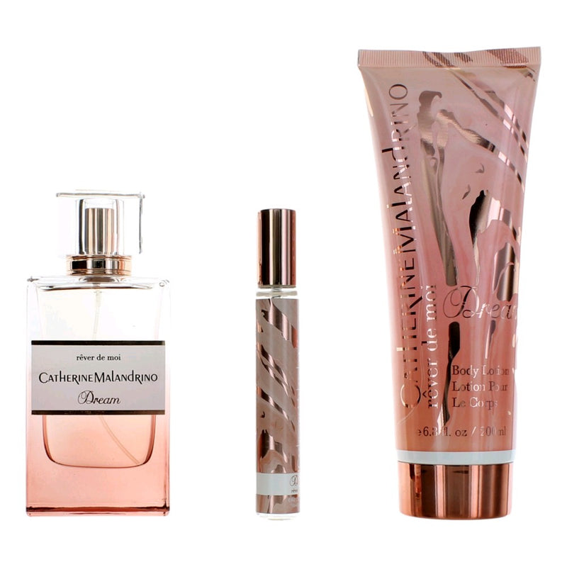 Catherine Malandrino Dream 3-piece gift set for women featuring elegant bottles of perfume and matching scent accessories.