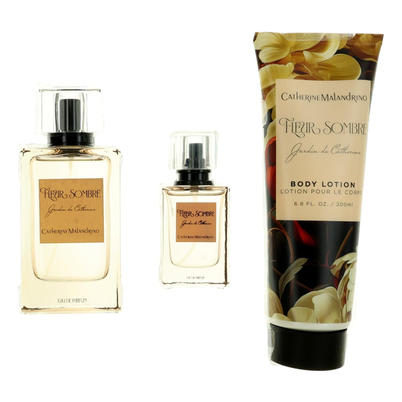 Catherine Malandrino Fieur Sombre 3-piece gift set for women, including perfume and matching accessories, displayed together.