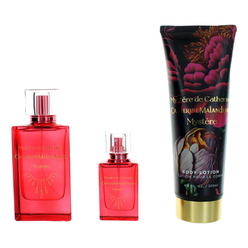 Catherine Malandrino Mystere de Catherine 3-piece gift set for women, including fragrance, body lotion, and shower gel.