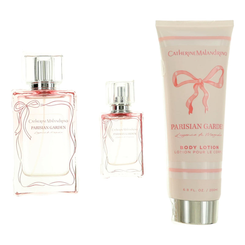 Catherine Malandrino Parisian Garden 3-piece gift set for women featuring floral-themed bottles and elegant packaging.