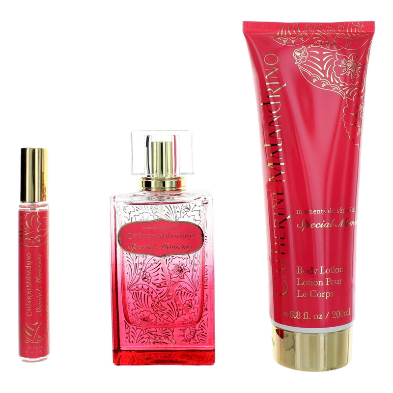 Catherine Malandrino Special Moments 3-piece gift set for women, includes perfume, body lotion, and shower gel in elegant packaging.