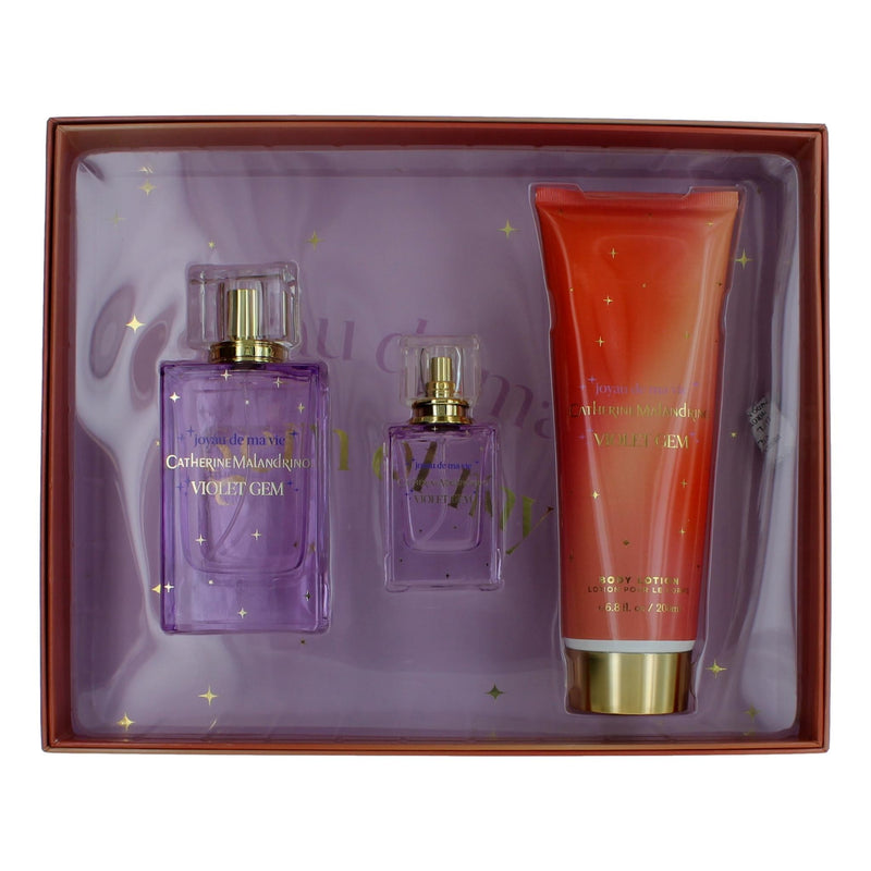 Violet Gem 3-piece gift set for women by Catherine Malandrino, includes perfume, body lotion, and shower gel.