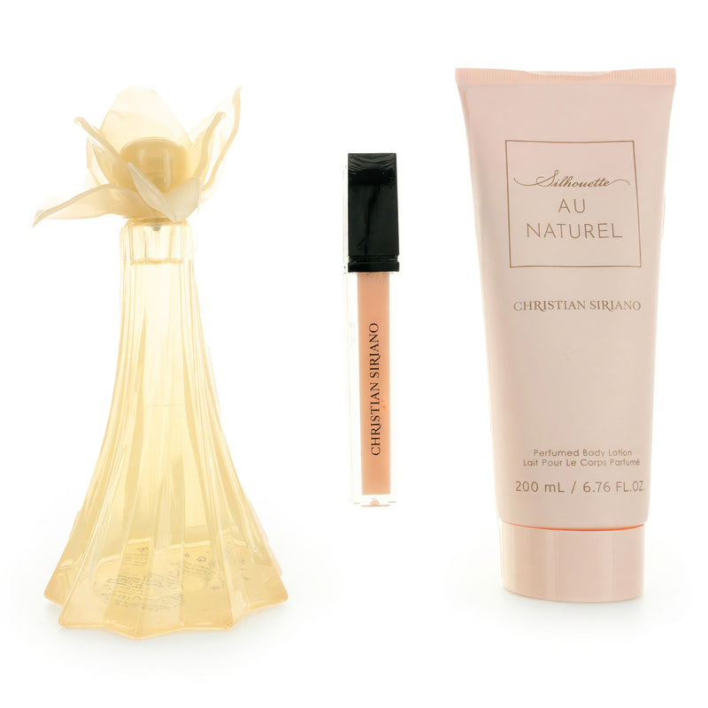 Christian Siriano Silhouette Au Naturel 3-piece gift set for women, featuring elegant packaging and natural-themed design.