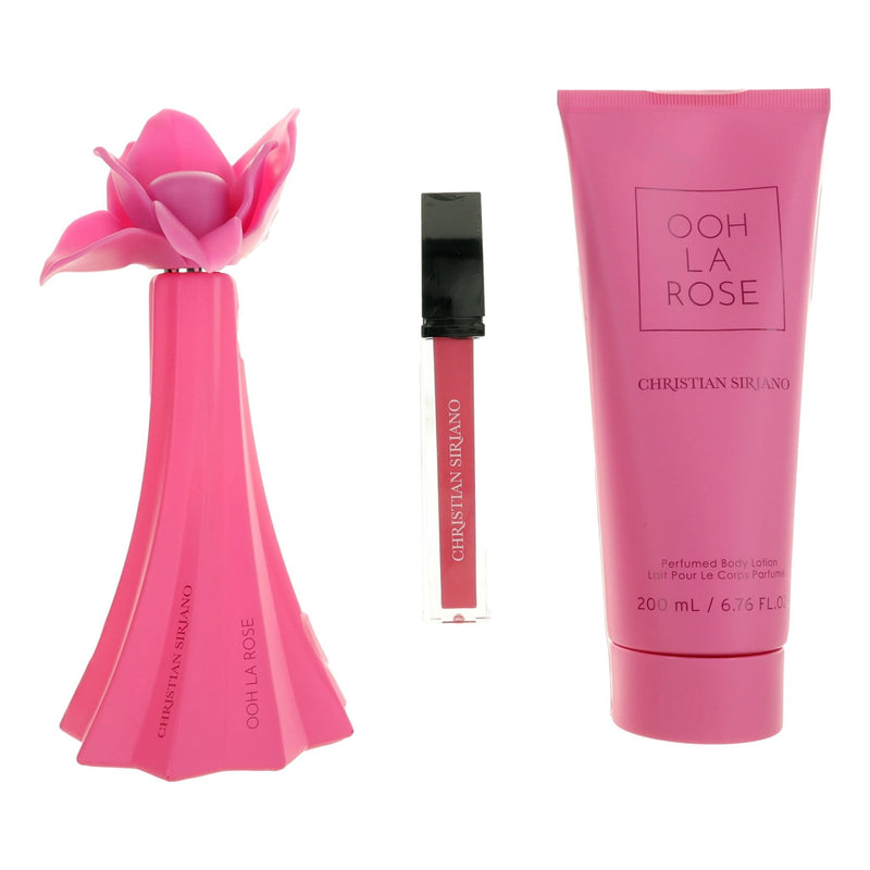 Christian Siriano Ooh La Rose 3-piece gift set for women, featuring elegant perfume bottles and packaging.