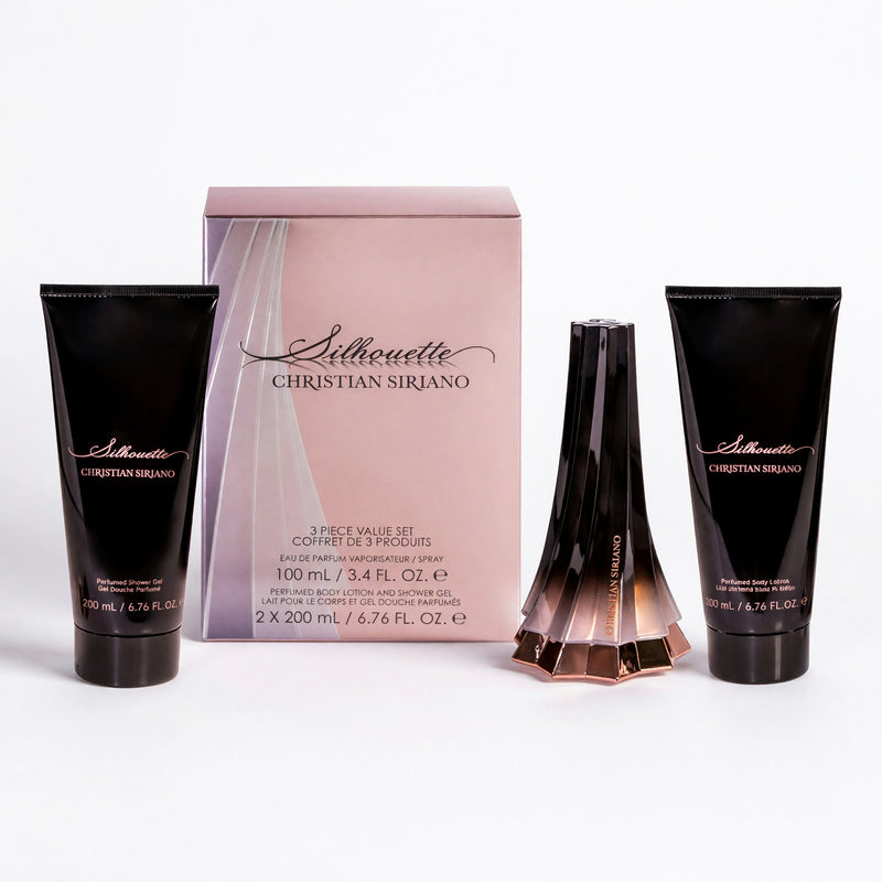 Christian Siriano Silhouette 3-piece gift set for women, includes stylish clothing and accessories in elegant packaging.
