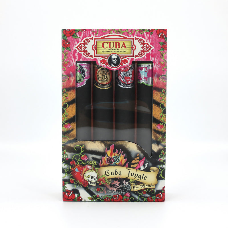 Cuba Original 4-piece gift set for women featuring Jungle-themed fragrances and skincare products in a physical display.
