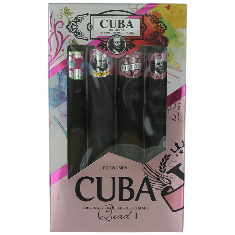 Cuba Quad I gift set for women featuring four physical perfume bottles with elegant packaging and branding.