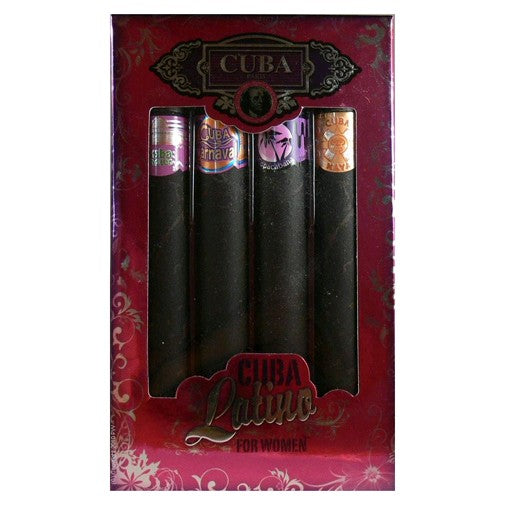 Cuba Latino 4-piece gift set for women including perfume bottles and packaging, showcasing vibrant floral and fruity design.