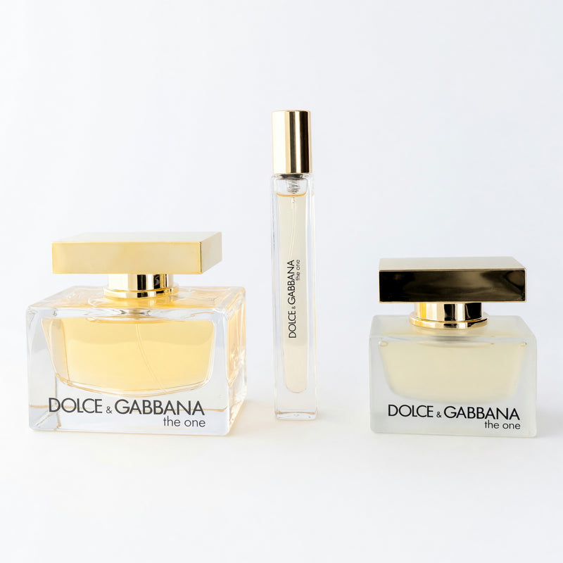 Dolce & Gabbana The One 3-piece gift set for women, featuring perfume bottles and elegant packaging.
