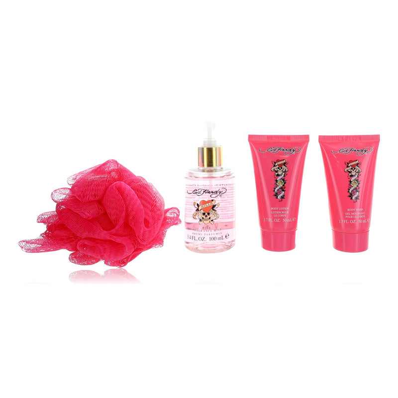 Christian Audigier Ed Hardy 4-piece women's set featuring colorful designs and coordinated clothing items on a flat lay.