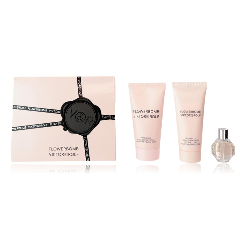 Mini set of Viktor & Rolf Flowerbomb perfumes for women, featuring three small fragrance bottles with floral packaging.