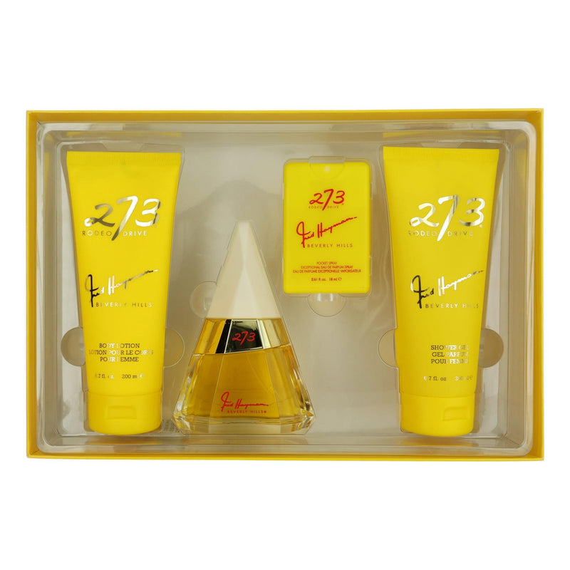 Fred Hayman 273 women's 4-piece gift set featuring elegant perfume bottles and packaging.