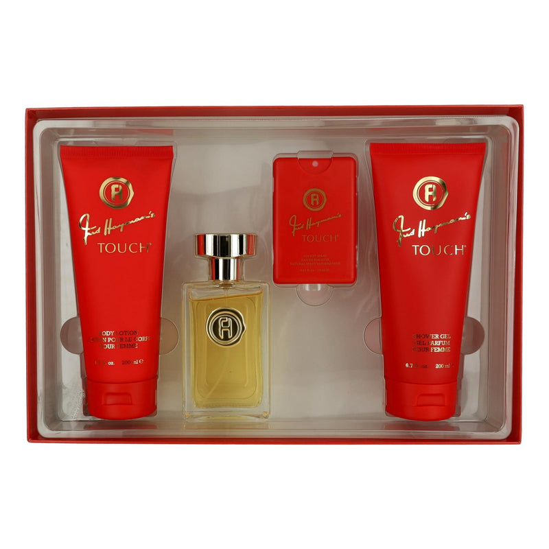 Touch by Fred Hayman 4-piece gift set for women, featuring elegant bottles of perfume and body lotion in a stylish package.