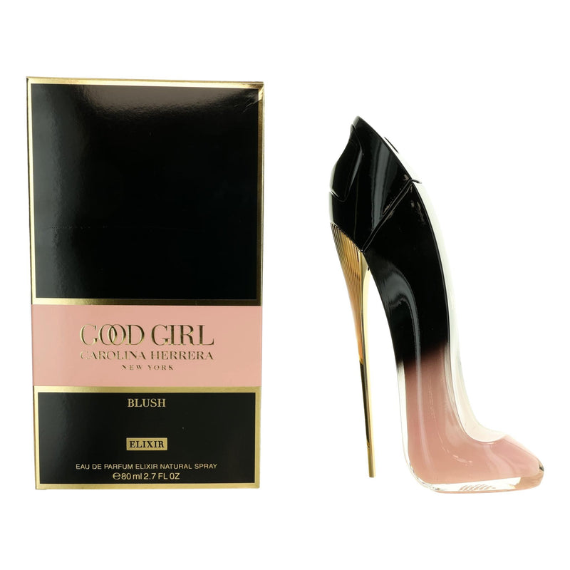Carolina Herrera Good Girl Blush Elixir perfume bottle, 2.7 oz EDP spray for women, elegant packaging and pink accents.