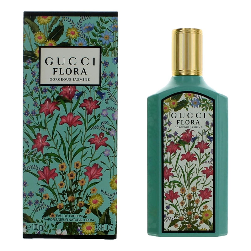 Gucci Flora Gorgeous Jasmine 3.3 oz Eau de Parfum spray for women, featuring a floral fragrance bottle with elegant design.