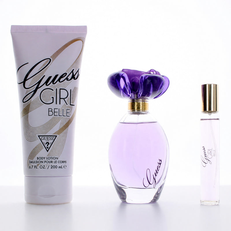 Guess Girl Belle 3-piece gift set for women including perfume, body lotion, and shower gel in elegant packaging.