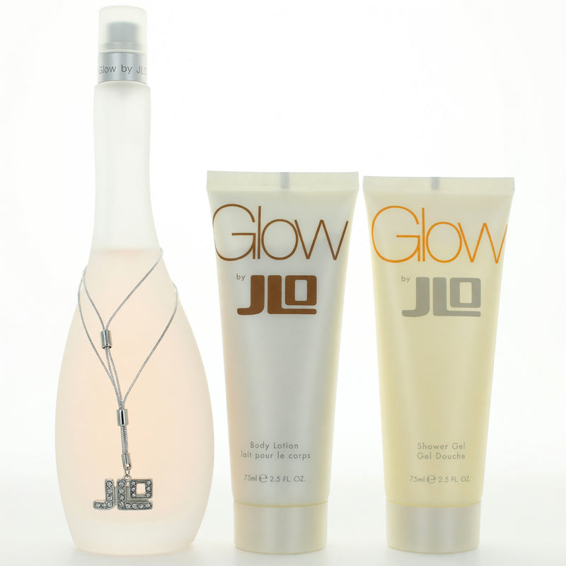 Glow by J.Lo 3-piece gift set for women featuring perfume bottles and packaging, showcasing a luxurious fragrance collection.