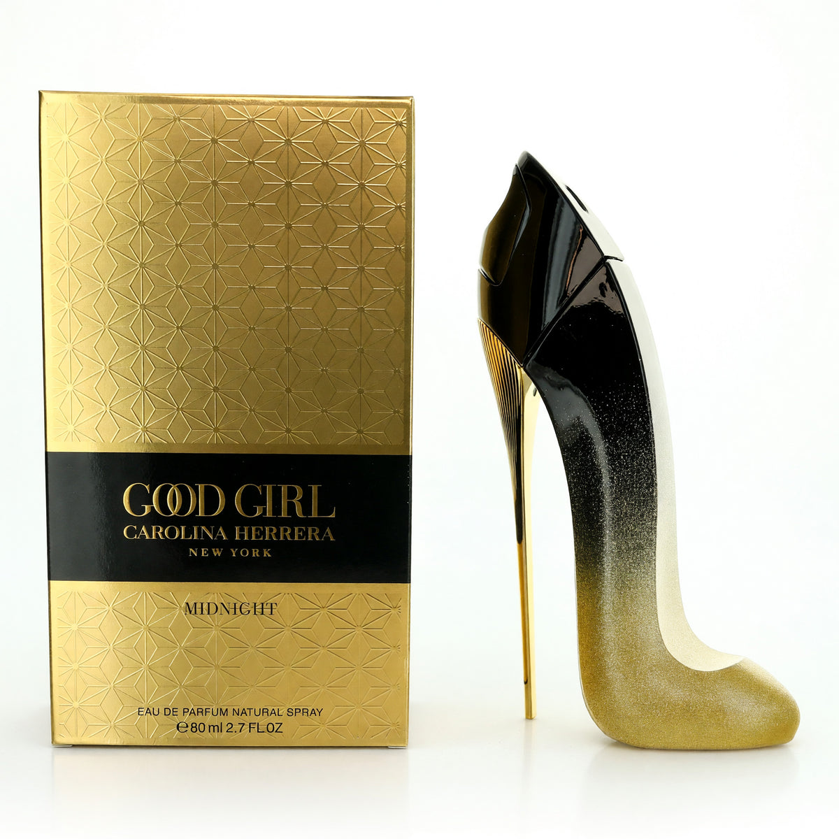 Carolina Herrera Good Girl Midnight 2.7 oz perfume spray for women, sleek black bottle with gold accents.