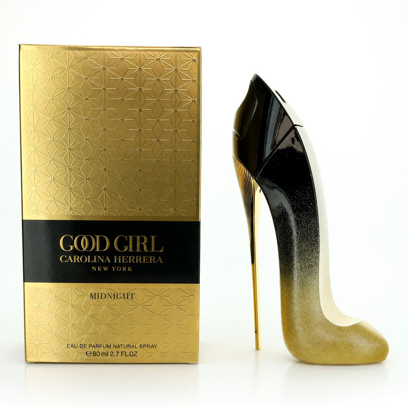 Carolina Herrera Good Girl Midnight 2.7 oz perfume spray for women, sleek black bottle with gold accents.