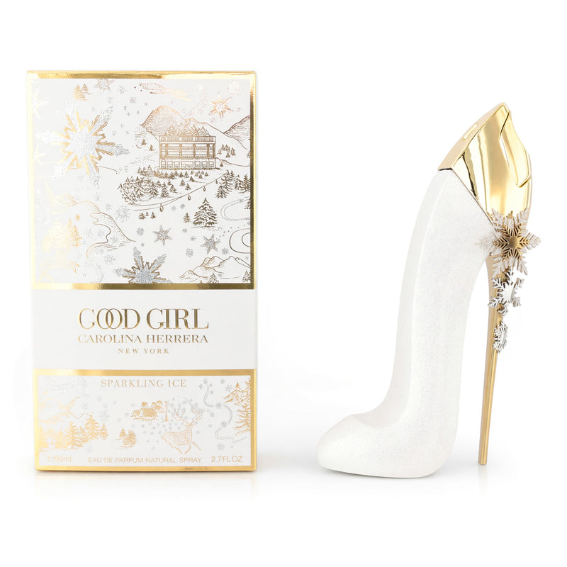 Carolina Herrera Good Girl Sparkling Ice 2.7oz women's EDP spray bottle with a sleek black and gold design.